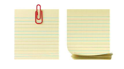 Photo of two yellow lined notepads with a red paperclip, one flat and one slightly curled, isolated on transparent background