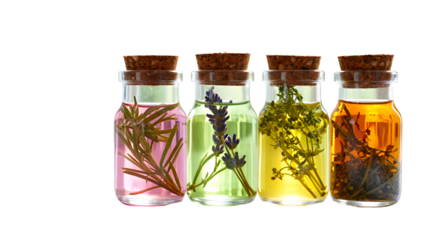 Four glass bottles with cork stoppers containing colorful herbal infusions and oils isolated on a transparent background