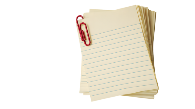 Photo of a stack of yellow lined notepads with a red paperclip, isolated on transparent background
