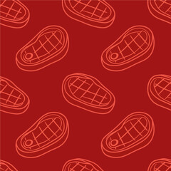 A vibrant red background featuring a repeating pattern of stylized, grilled steak illustrations. Vector Patterns