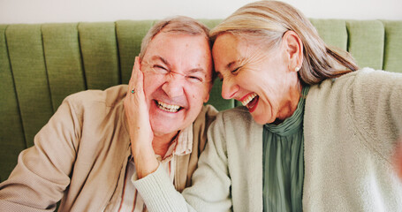 Elderly couple, excited or selfie in cafe with love, anniversary date or taking picture for...