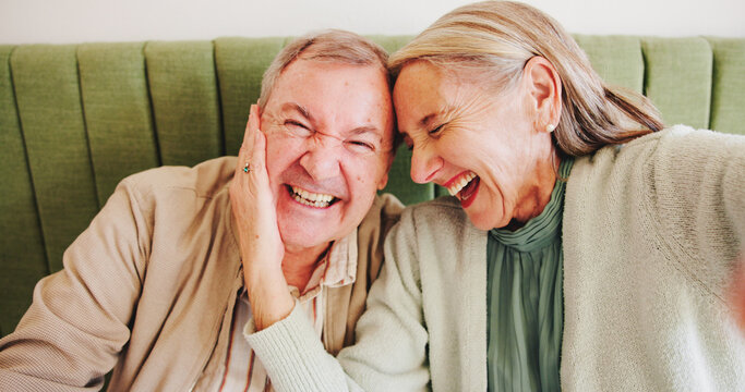 Elderly couple, excited or selfie in cafe with love, anniversary date or taking picture for milestone. Senior man, portrait or wife in coffee shop for photography, happy moment or social media memory - Powered by Adobe