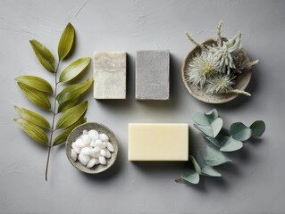 Natural Herbal Soap Products with Leaves and Botanicals Displayed