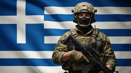 Greek soldier in full combat gear standing in front of waving national flag representing military strength and patriotism - Powered by Adobe
