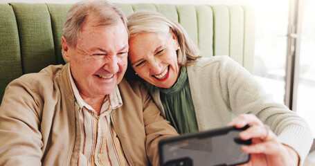 Senior couple, excited or selfie in cafe with love, anniversary date or take picture for milestone....