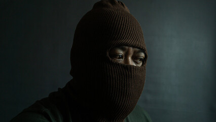 Male subject with brown fabric eye mask fully worn on face, isolated on black, suggesting secrecy,...