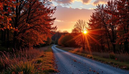Fototapeta premium a beautiful autumn scene with a gravel road surrounded by trees covered in fallen leaves in shades of bronze and burgundy, bordered by wild grasses and fallen twigs, beneath a sunset sky.
