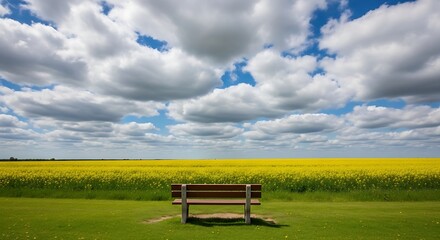 The photograph showcases an idyllic countryside scene, with a bright yellow floral expanse contrasting with the green foreground and an inviting bench, all under a dynamic sky.