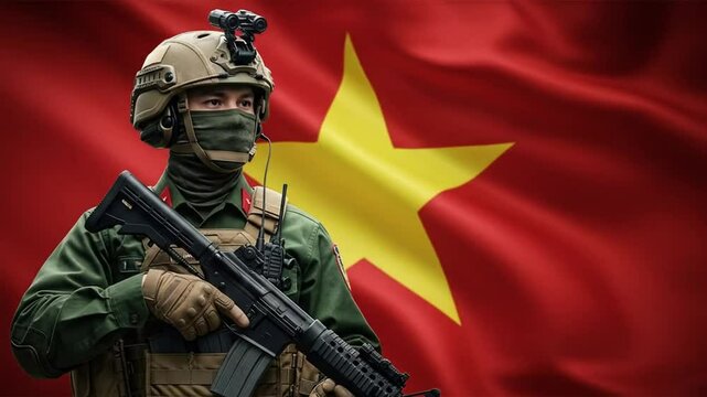 Vietnamese soldier in tactical gear standing guard in front of the national flag in a military portrait