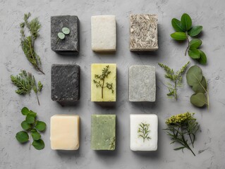 Natural Herbal Soap Collection Display on Gray Background