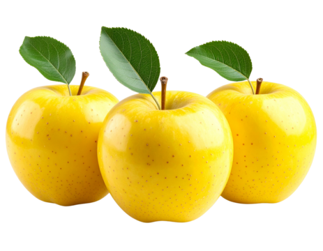 Three Yellow Apples with Attached Leaves Arranged in a Row, isolated on transparent background PNG - Powered by Adobe