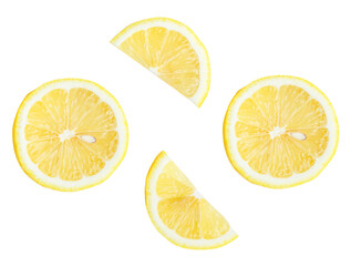 Top view set of fresh ripe yellow lemon fruits in halves and slices or quarters isolated on white...