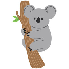Hand drawn cartoon illustration of a koala holding a tree 