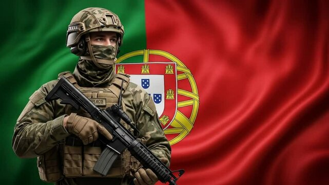 Portuguese soldier in full combat gear standing in front of waving national flag