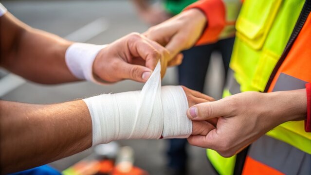 Joint effort leads to great results. Injury treatment with a bandage being applied to a hand by a caregiver.
