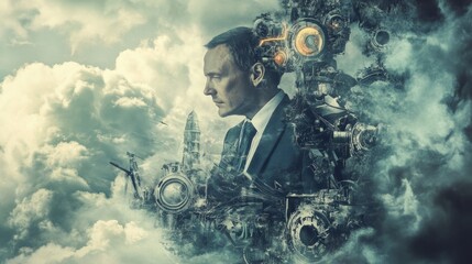 A pensive figure surrounded by mechanical cloudscapes.
