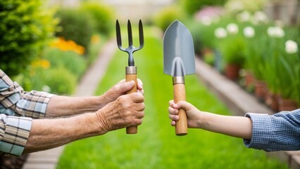 Joint effort leads to great results. Two hands, one elderly and one child's, hold gardening tools in a vibrant garden setting.