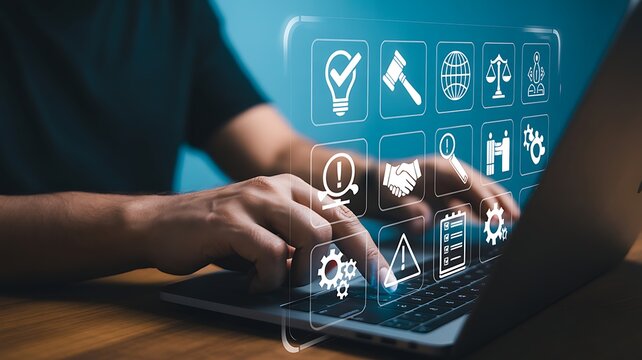 Person using laptop with digital interface and icons hands typing