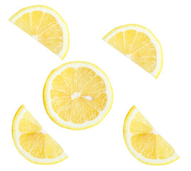 Top view set of fresh ripe yellow lemon fruits in halves and slices or quarters isolated with...
