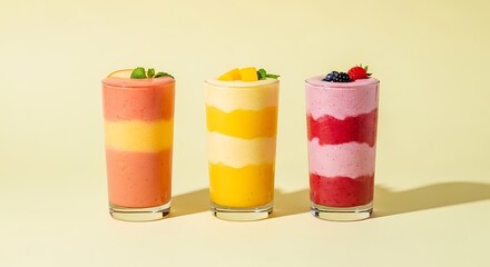 Colorful and refreshing smoothie trio in glasses, promoting a healthy lifestyle choice