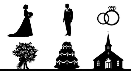 Silhouettes of bride groom rings bouquet cake and church depicting a wedding celebration day theme