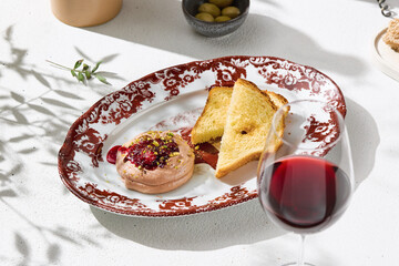 Chicken liver pate with berry sauce and brioche, bright lighting, overhead composition