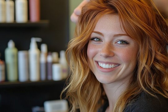 Happy looking hair stylist working at a salon, styling a client's hair with care and skill, creating a polished and beautiful result, Generative AI - Powered by Adobe