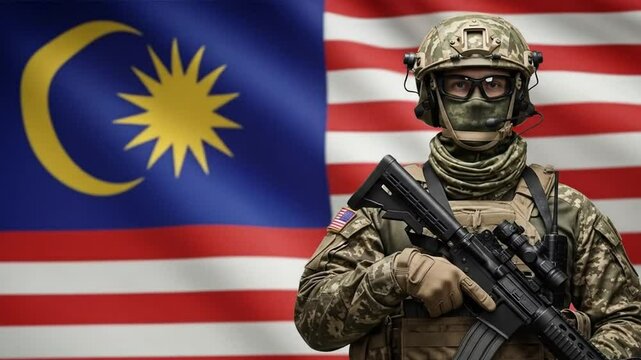 Malaysian soldier in combat uniform standing in front of waving national flag showing patriotism and military readiness