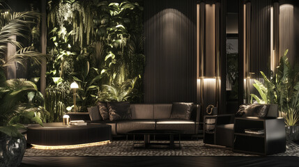 Elegant living space with botanical wall and geometric furniture, highlighting modern home aesthetics and texture.