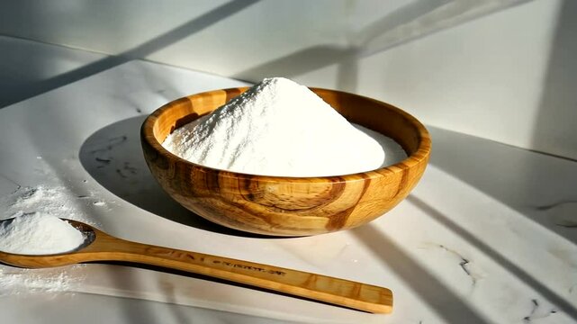 A wooden bowl filled with white powder, alongside a wooden spoon, set against a bright, sunlit background