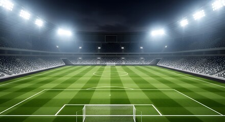 The green grass of an empty soccer field under stadium lights, ready for a night game