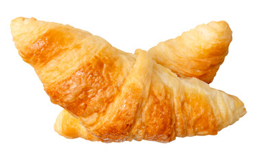 Top view of two brown or golden croissants in cross shape in stack isolated on white background...