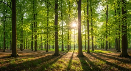 Obraz premium Sunlit Forest Majestic Trees and Golden Rays of Sunlight