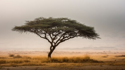 Obraz premium Solitary Acacia: A majestic acacia tree stands alone in a vast, arid landscape, its umbrella-shaped canopy casting a tranquil silhouette against the hazy horizon.