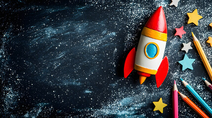 Back to school concept school supplies and rocket with pencils on chalkboard banner with copy space