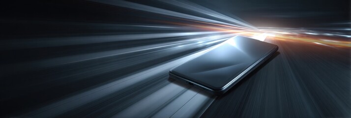 Sleek smartphone speeding down a futuristic highway, representing rapid technological advancement and seamless connectivity.