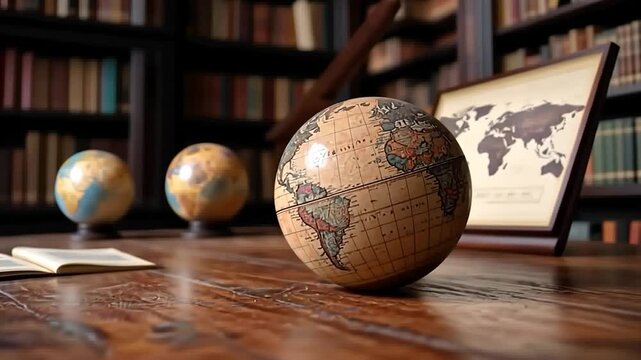Vintage globe on a wooden table with other globes and a world map in a classic library setting. Warm, inviting lighting and depth of field create a sense of history and exploration