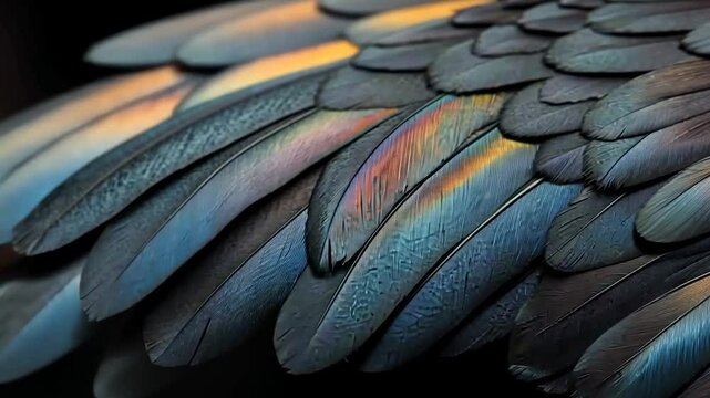 Close-up view of detailed bird feathers showing iridescent colors including blue green and orange against a dark background texture and patterns highlighted