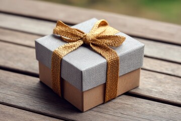 A square gift box with a gold ribbon sits on a wooden surface