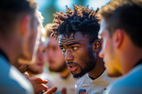 Team of rugby players in a huddle, discussing strategies and motivating each other before their next play on the field, Generative AI - Powered by Adobe