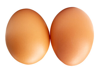 Two fresh brown chicken eggs in horizon in stack isolated on white background with clipping path