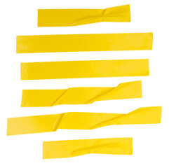 Top view set of wrinkled or crumpled yellow adhesive vinyl tape or cloth tape in stripes shape in horizon isolated on white background with clipping path
