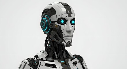A detailed 3D rendering of a futuristic android's head with glowing blue eyes. This robotic character represents advanced artificial intelligence and future tech.