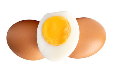 Top view of raw chicken eggs and peeled cooked or boiled egg with egg yolk in half isolated on white background with clipping path