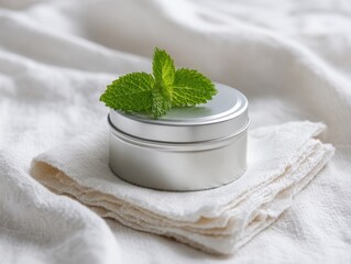 Natural Deodorant in Silver Tin on Soft Linen Surface with Mint Leaf