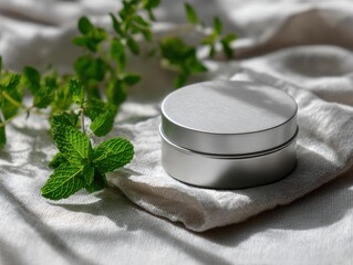 Natural Deodorant Silver Tin on Linen with Fresh Mint Leaves