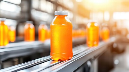 Orange beverage bottles on production line with sunlit background for packaging design