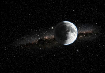 Naklejka premium A breathtaking view of a detailed, cratered moon set against the deep blackness of space, with the luminous band of the Milky Way galaxy stretching behind it.