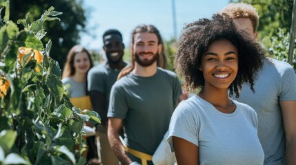 Smiling diverse volunteers collaboratively gardening on a bright sunny day