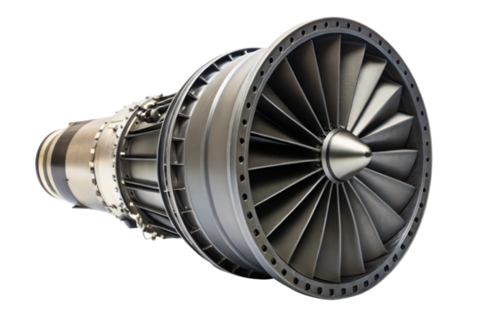 Aircraft jet engine with visible turbine fan blades isolated with transparent background